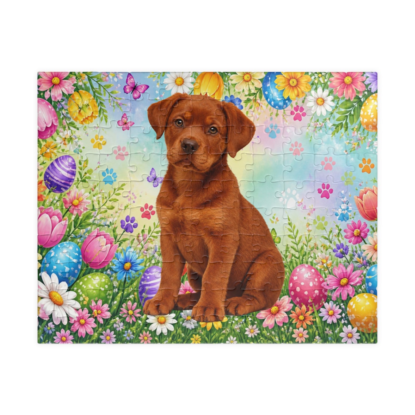 Rottweiler (Red) Easter Puppy Puzzle - Spring Garden with Eggs, Wildflowers, and Butterflies