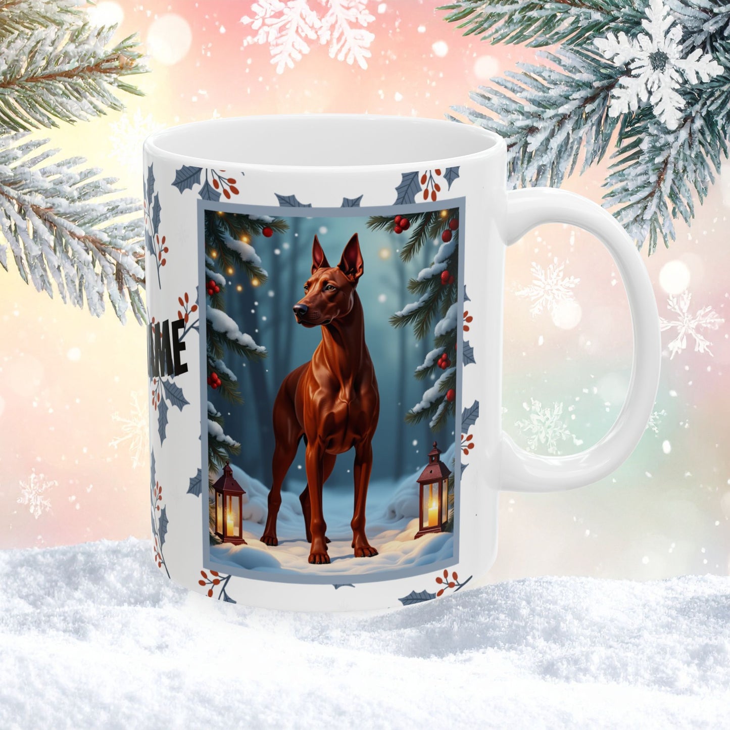 Doberman (Red) Winter Mug - red Doberman illustrated standing calmly in a serene winter scene with snowy background