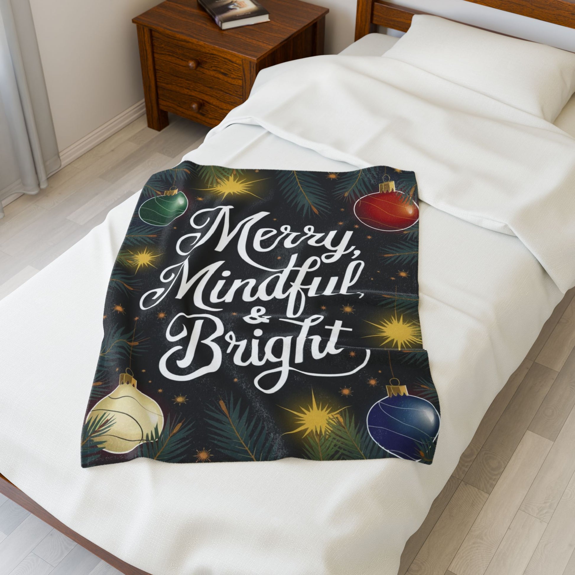 Christmas blanket “Merry, Mindful & Bright” cozy holiday throw for comfort, joy, and mindfulness
