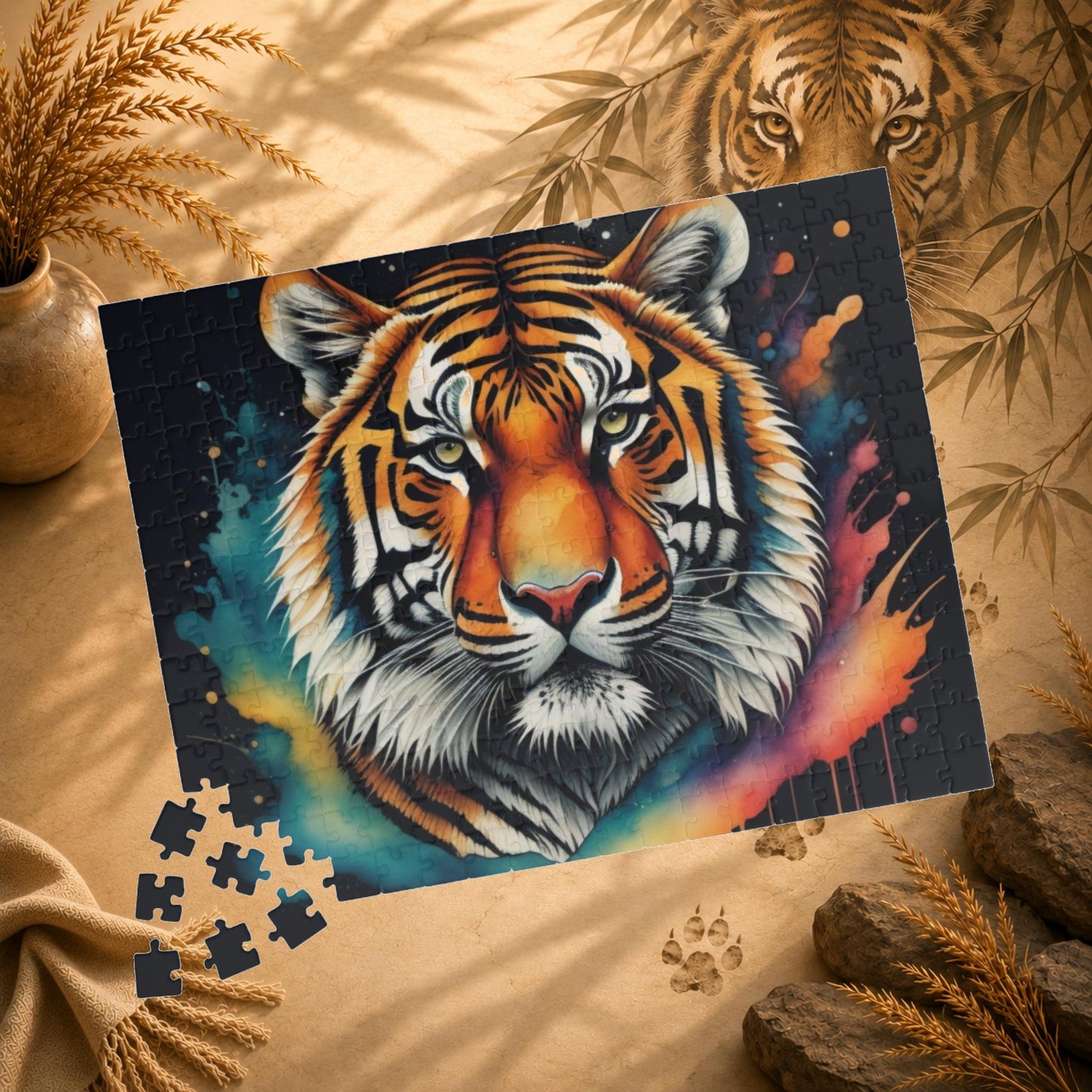 Tiger Tranquility - Front-Facing Tiger Puzzle with Cosmic Teal and Orange Splashes on Dark Background