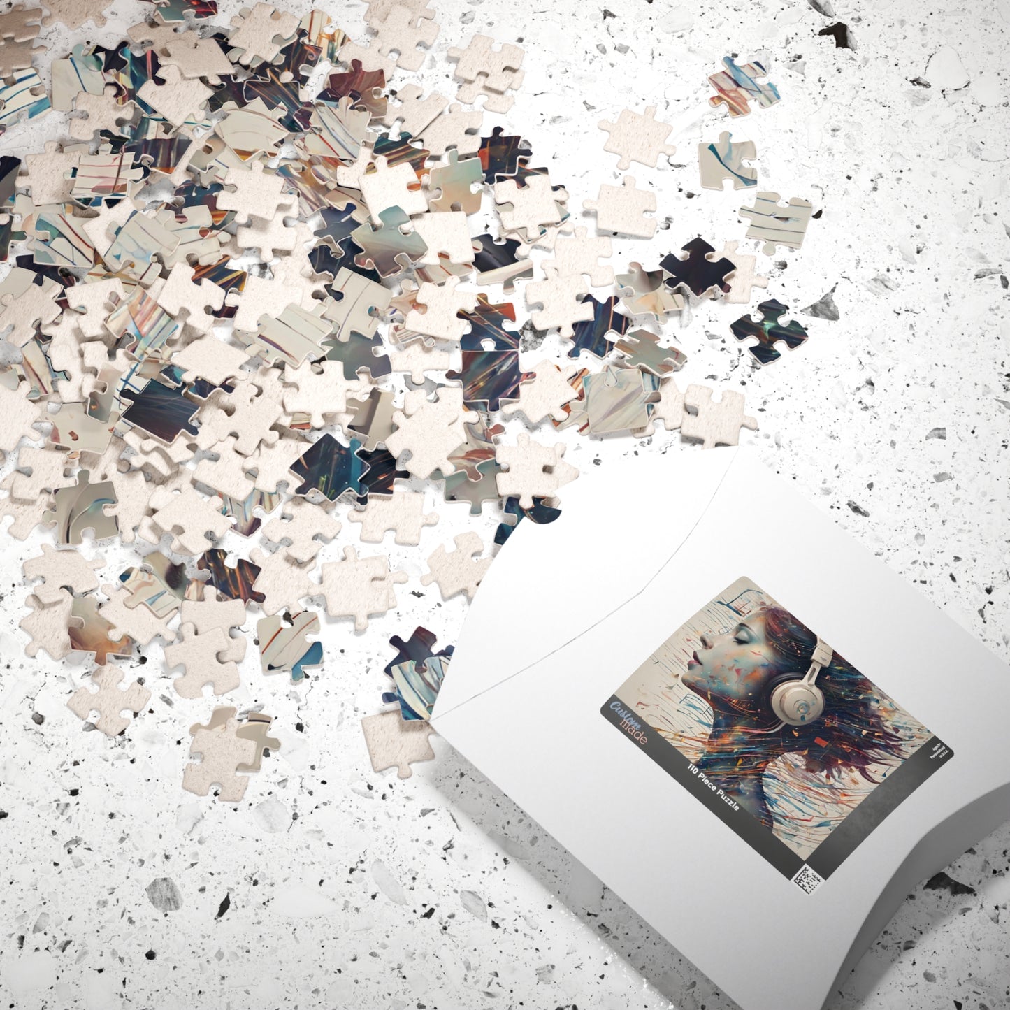 Music and Emotional Resonance - Woman with Headphones Puzzle with Colorful Music Notes and Paint Fragments