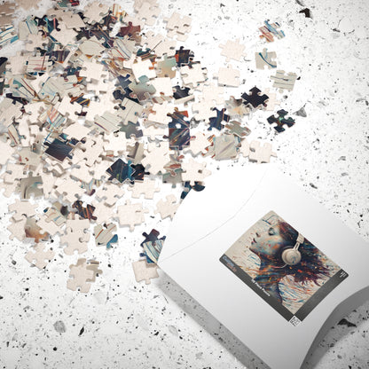 Music and Emotional Resonance - Woman with Headphones Puzzle with Colorful Music Notes and Paint Fragments