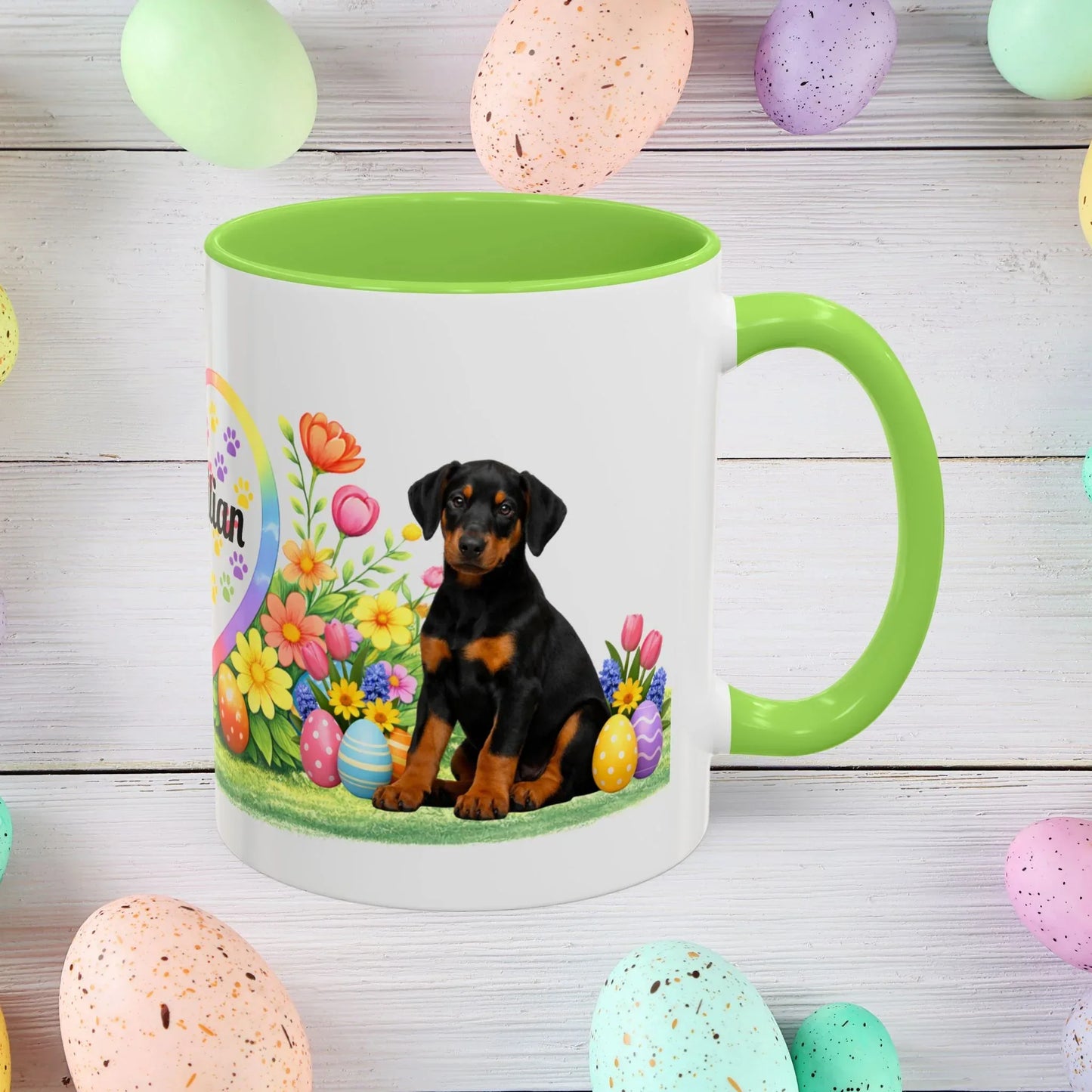 Shop our doberman black rust puppy easter mug featuring the 11oz style option from MySisterIsASurvivor.