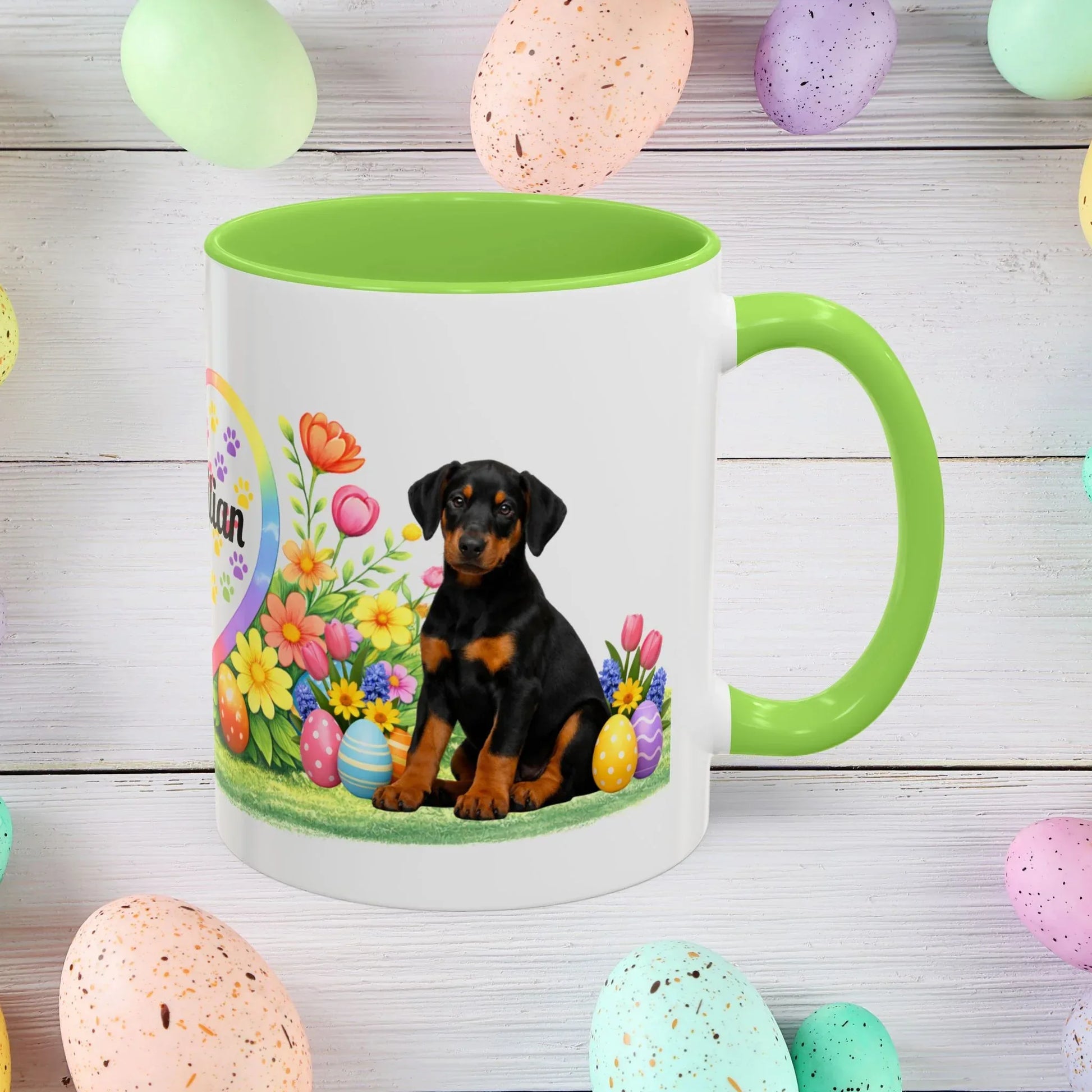 Shop our doberman black rust puppy easter mug featuring the 11oz style option from MySisterIsASurvivor.