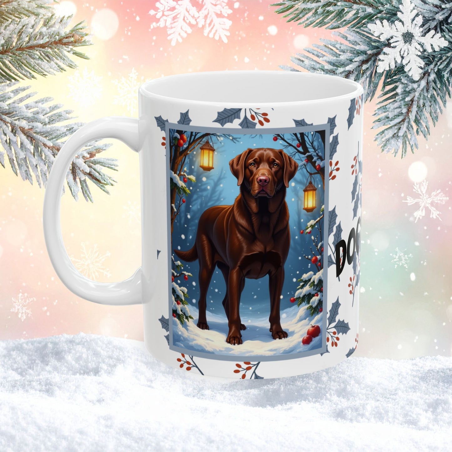 Labrador Retriever (Chocolate) Winter Mug - chocolate lab illustrated standing in a cozy winter setting with snowy details