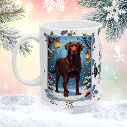 Labrador Retriever (Chocolate) Winter Mug - chocolate lab illustrated standing in a cozy winter setting with snowy details