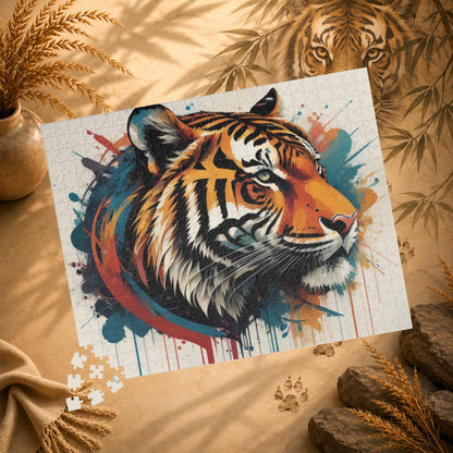 Focused Journey - Street Art Tiger Jigsaw Puzzle with Paint Splatters and Drip Effects