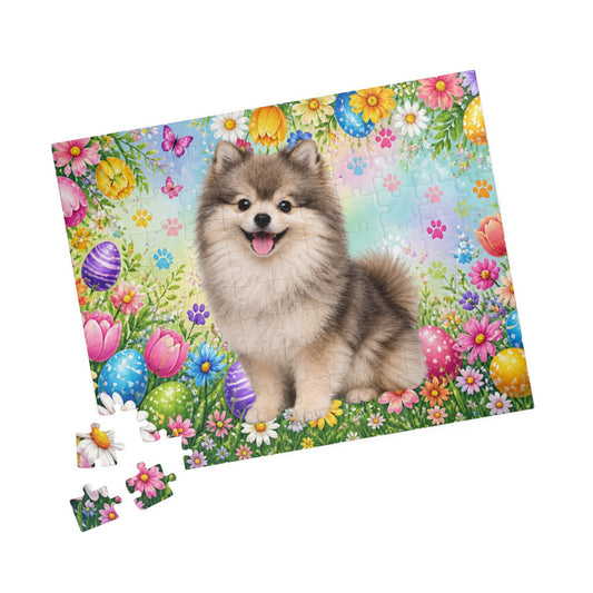 Pomeranian (Wolf Sable) Easter Puppy Puzzle - Spring Garden with Eggs, Tulips, and Butterflies