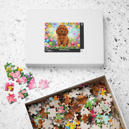 American Cocker Spaniel (Red) Easter Puppy Puzzle - Spring Garden with Eggs, Tulips, and Daisies