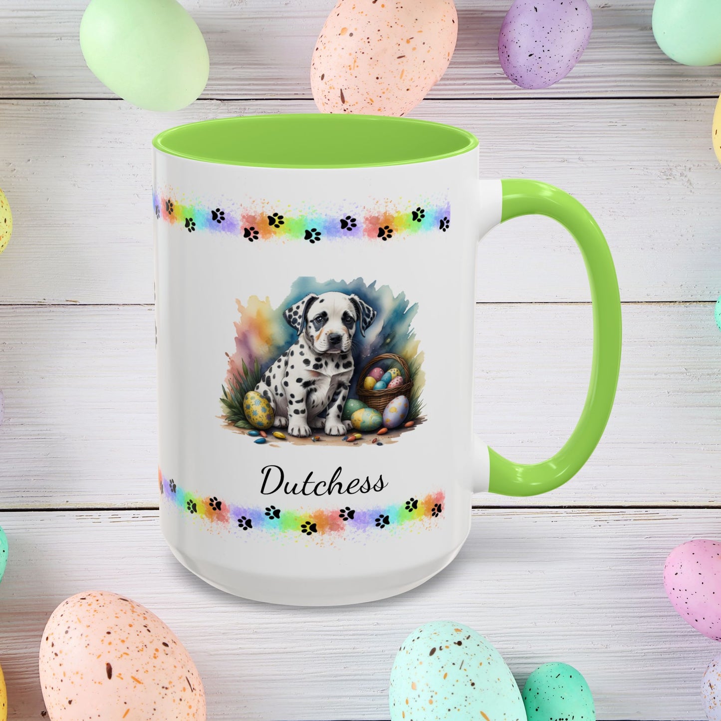 Dalmatian: Personalized Easter Puppy Coffee Mug - Adorable Dog Design, Mental Health Gift, 11oz & 15oz, 12 Color Choices, Easter Gifts & Décor