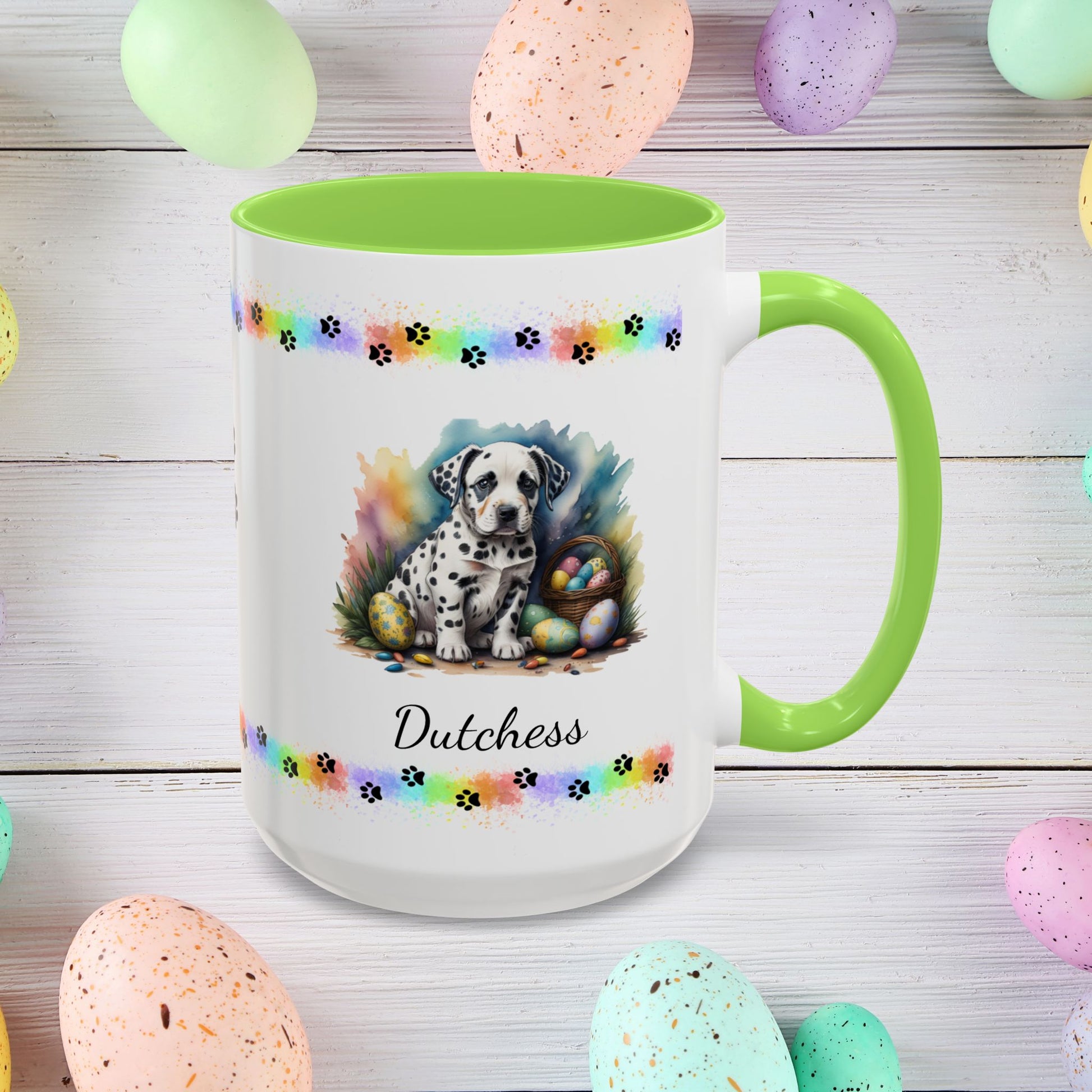 Dalmatian: Personalized Easter Puppy Coffee Mug - Adorable Dog Design, Mental Health Gift, 11oz & 15oz, 12 Color Choices, Easter Gifts & Décor