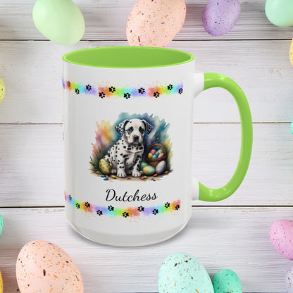 Dalmatian: Personalized Easter Puppy Coffee Mug - Adorable Dog Design, Mental Health Gift, 11oz & 15oz, 12 Color Choices, Easter Gifts & Décor