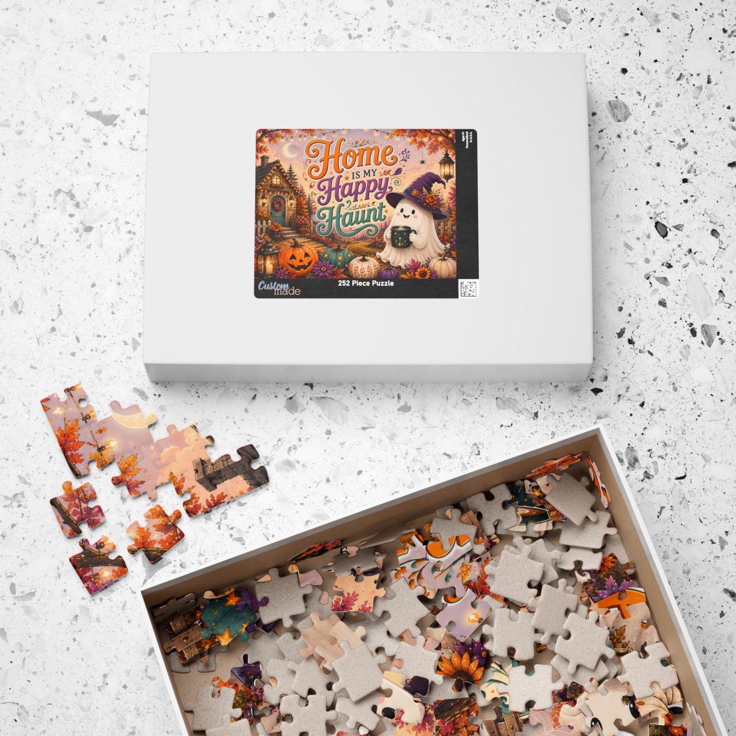 Home Is My Happy Haunt Halloween Puzzle - Witch Hat Ghost with Haunted House Mug and Fall Cottage