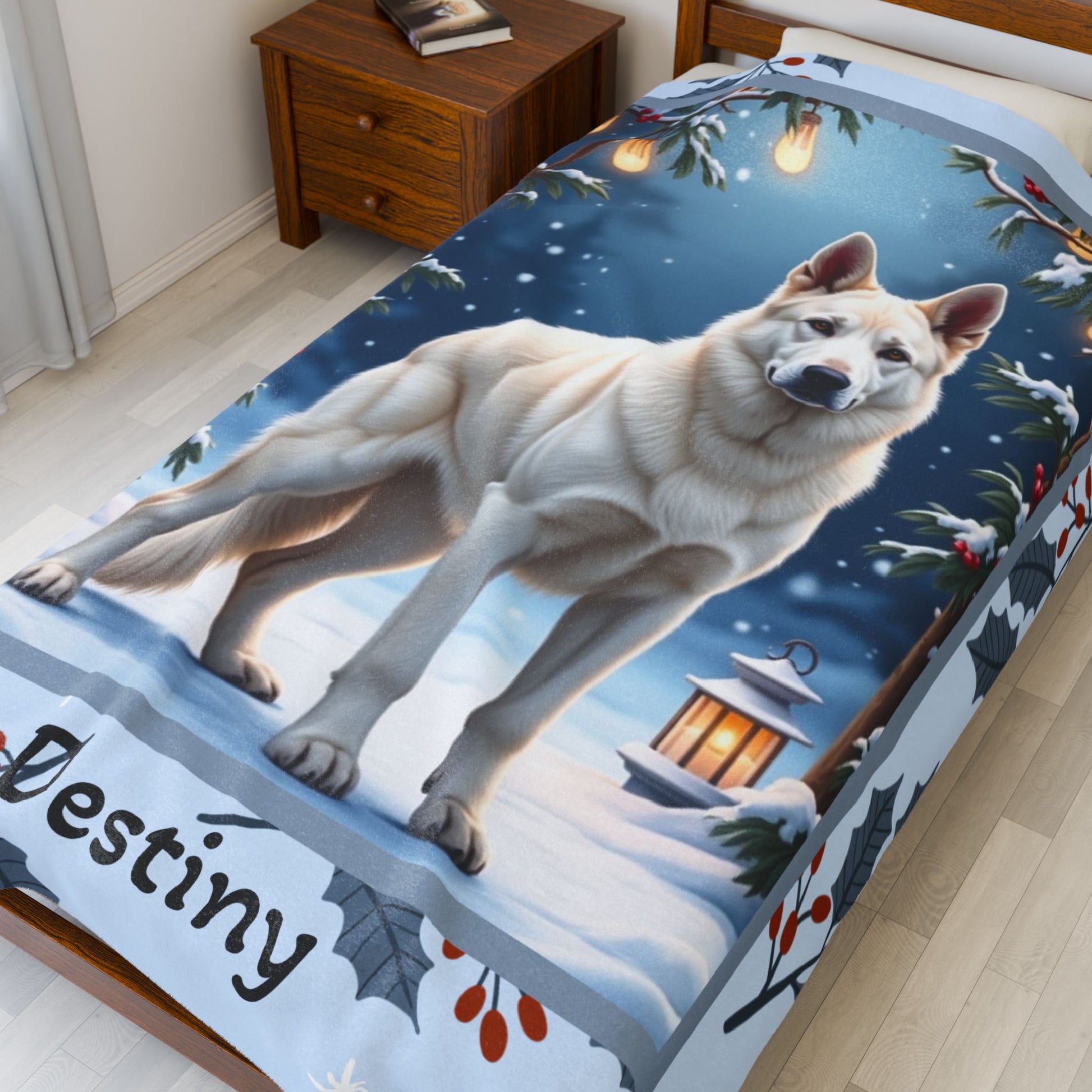 German Shepherd White personalized winter throw featuring a white German Shepherd in a bright lodge winter setting