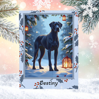 Great Dane Blue personalized winter throw with elegant Great Dane artwork in a bright winter lodge scene