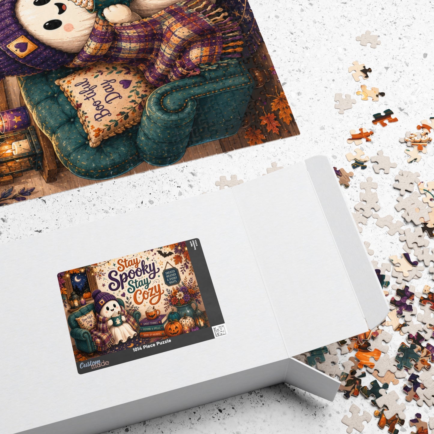 Stay Spooky Stay Cozy Halloween Puzzle - Ghost in Armchair with Boo-tiful Day Pillow and Ghost Stories Books
