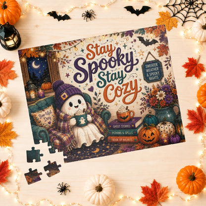 Stay Spooky Stay Cozy Halloween Puzzle - Ghost in Armchair with Boo-tiful Day Pillow and Ghost Stories Books