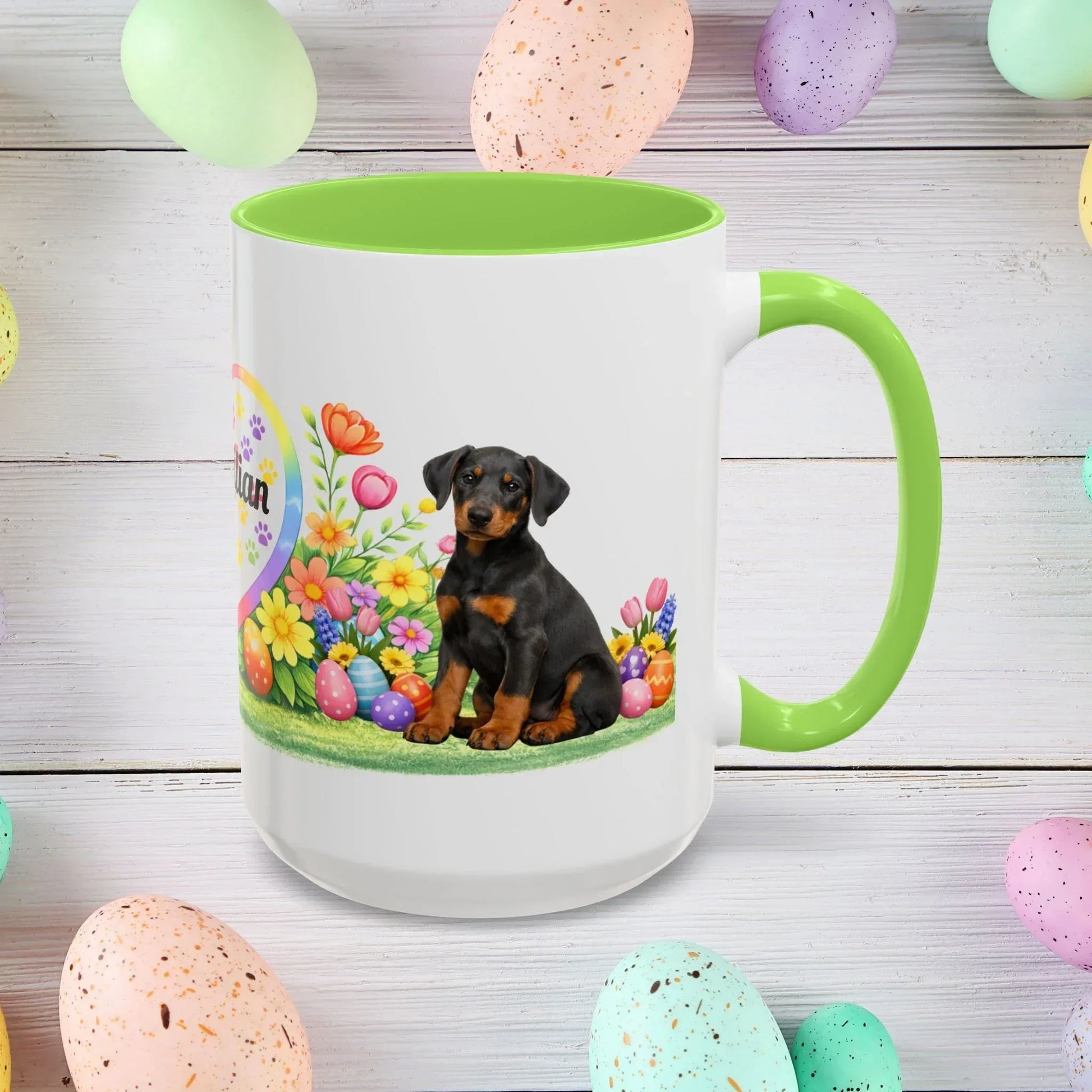 Shop our doberman blue rust puppy easter mug featuring the 15oz style option from MySisterIsASurvivor.
