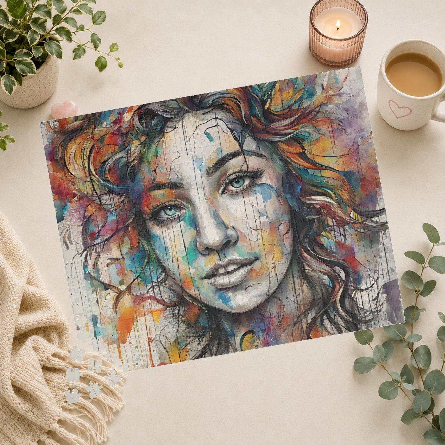 Pathway to Resilience - Sketch and Watercolor Woman's Portrait Puzzle with Ink Drips and Curly Hair