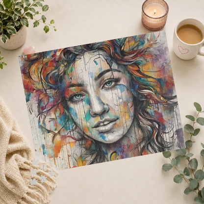 Pathway to Resilience - Sketch and Watercolor Woman's Portrait Puzzle with Ink Drips and Curly Hair