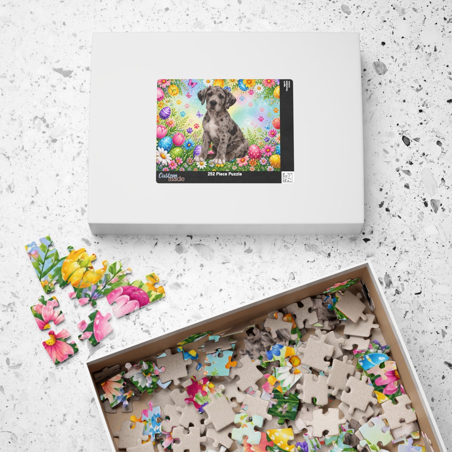 Great Dane (Merle) Easter Puppy Puzzle - Spring Garden with Eggs, Tulips, and Daisies