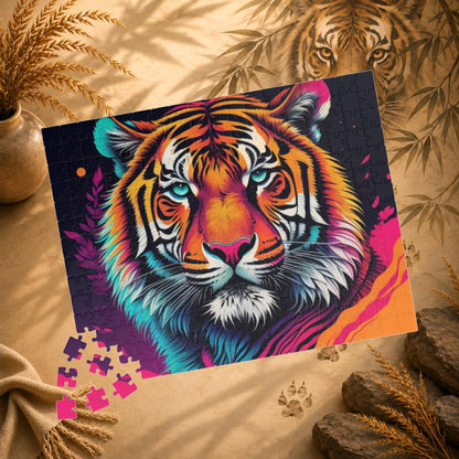 Roar to Renewal - Close-Up Neon Tiger Puzzle with Teal Eyes and Magenta Splatter Art