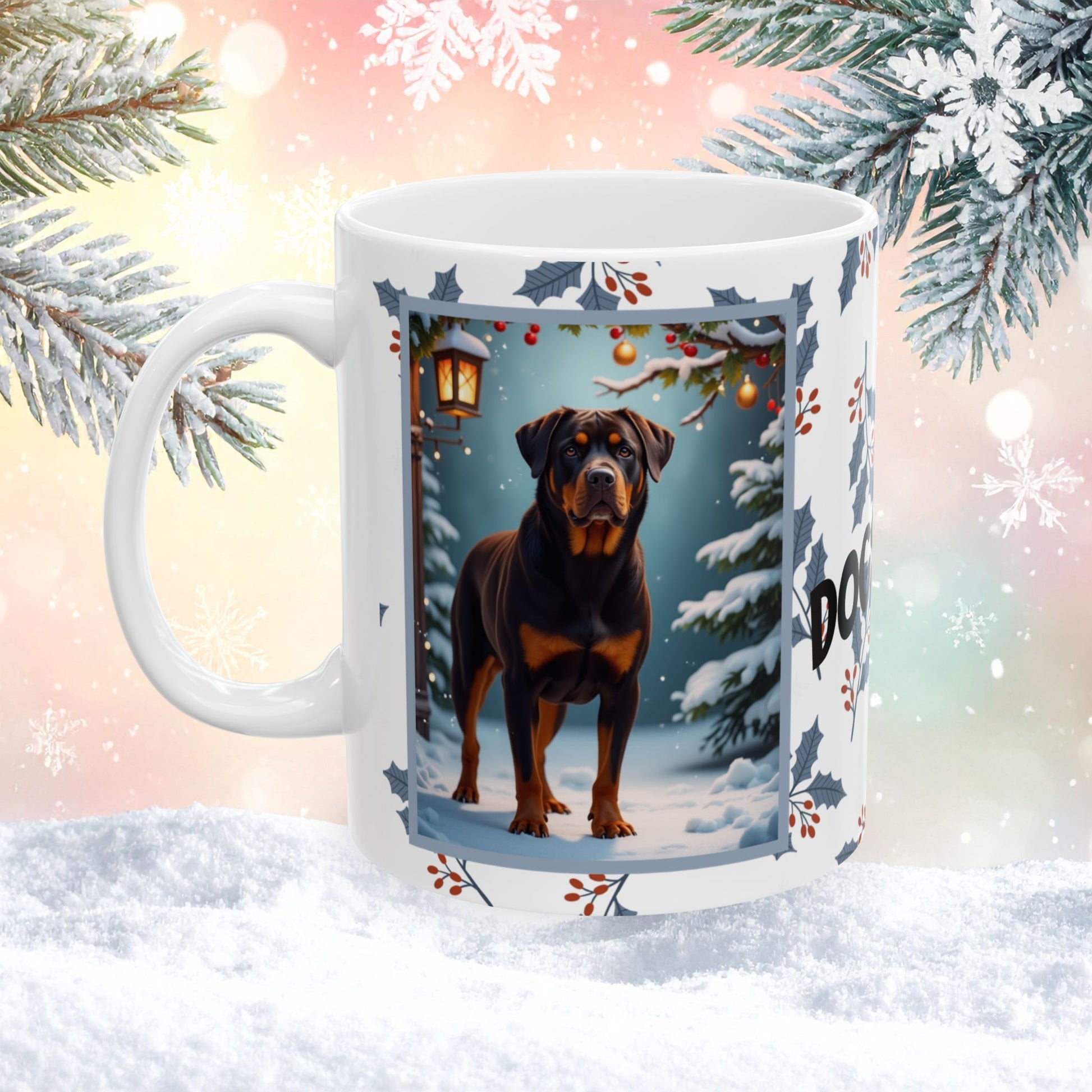Rottweiler (Chocolate) Winter Mug - chocolate rottweiler artwork standing in a cozy winter scene with snowy background