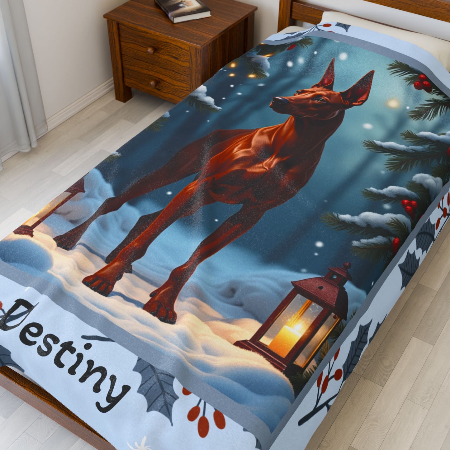 Doberman Red custom winter dog blanket featuring a Doberman standing in a bright snowy lodge-style illustration