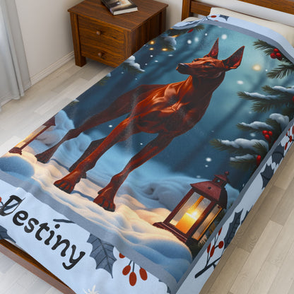 Doberman Red custom winter dog blanket featuring a Doberman standing in a bright snowy lodge-style illustration