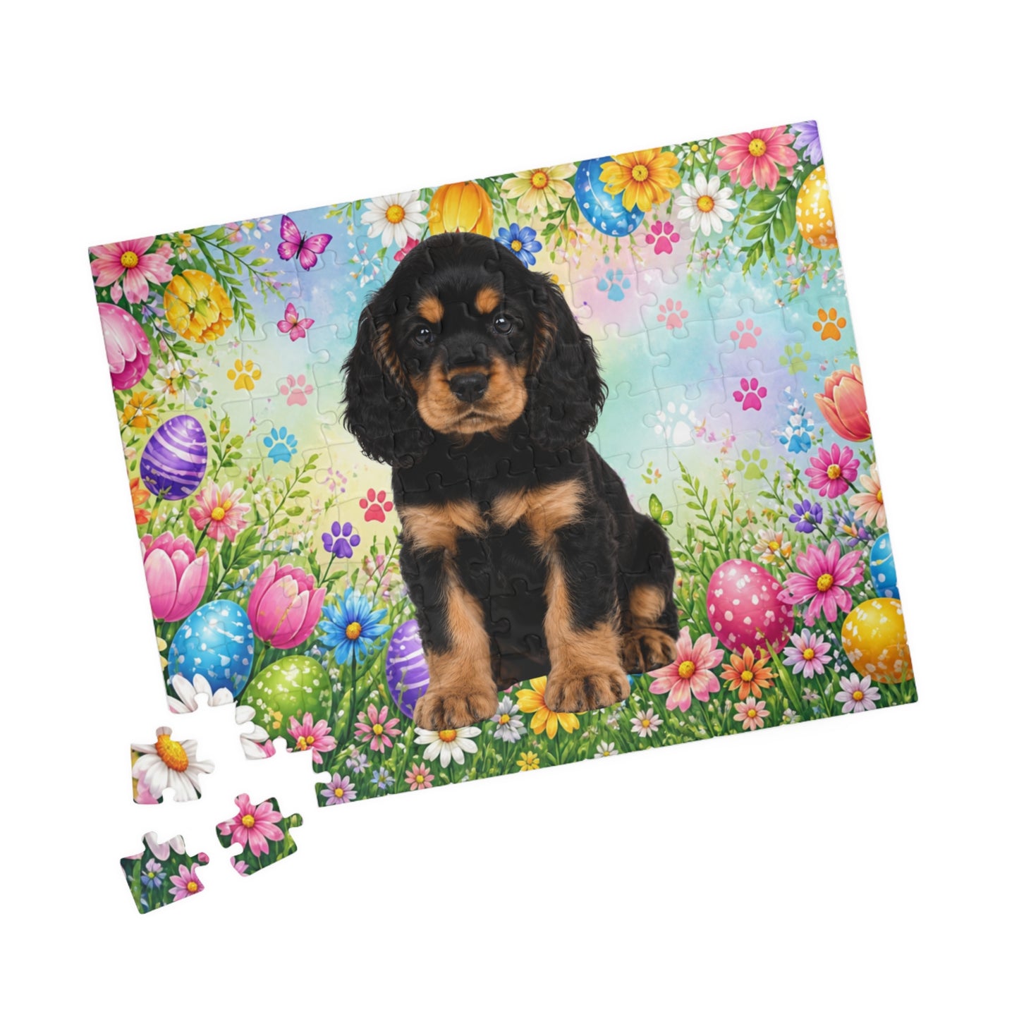 American Cocker Spaniel (Black & Tan) Easter Puppy Puzzle - Spring Garden with Eggs, Tulips, and Daisies