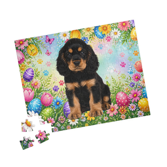 American Cocker Spaniel (Black & Tan) Easter Puppy Puzzle - Spring Garden with Eggs, Tulips, and Daisies