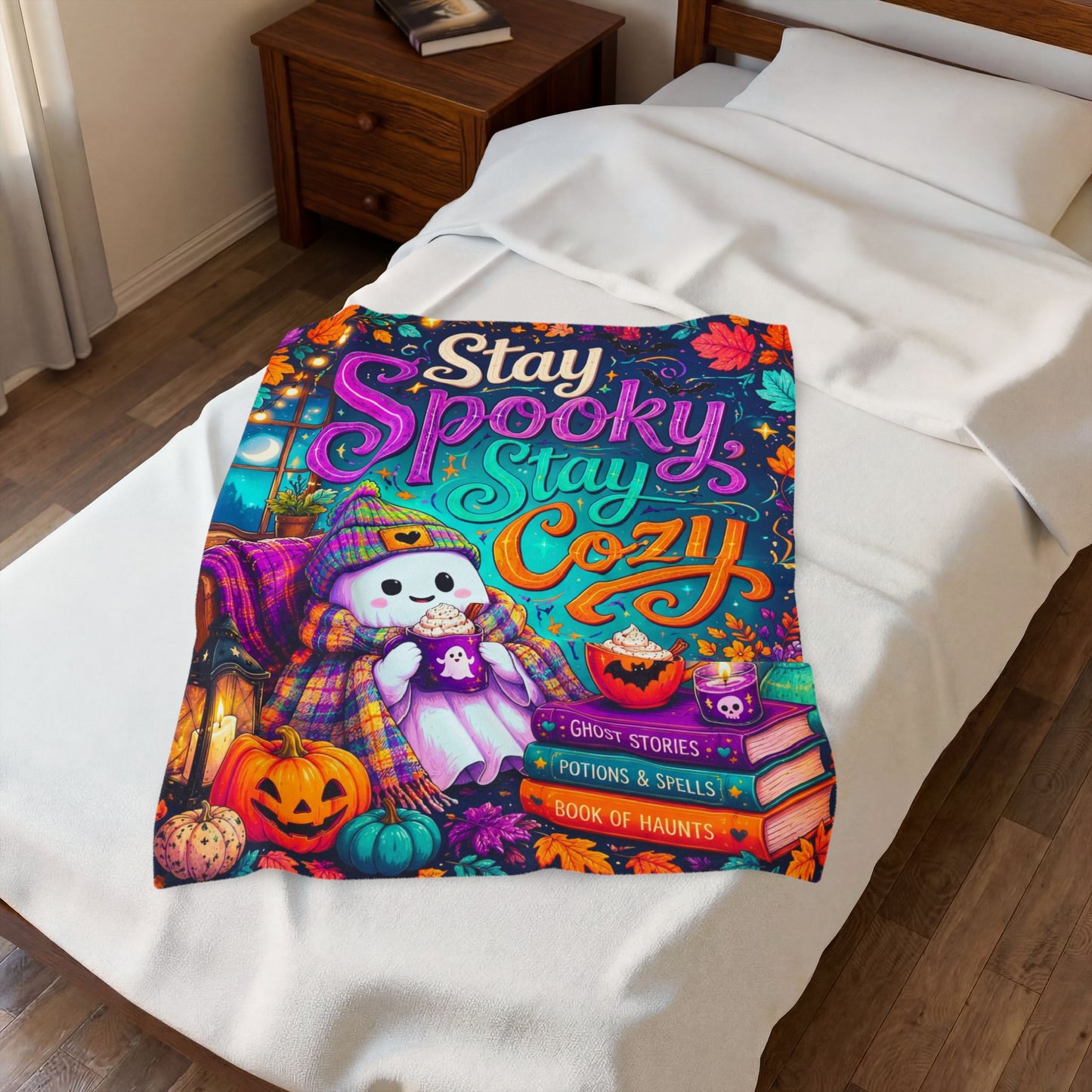 Stay Spooky Stay Cozy Velveteen Blanket - Ghost with Ghost Mug and Ghost Stories Book of Haunts Books
