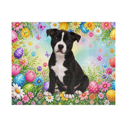 Pitbull (Black & White) Easter Puppy Puzzle - Spring Garden with Eggs, Tulips, and Daisies