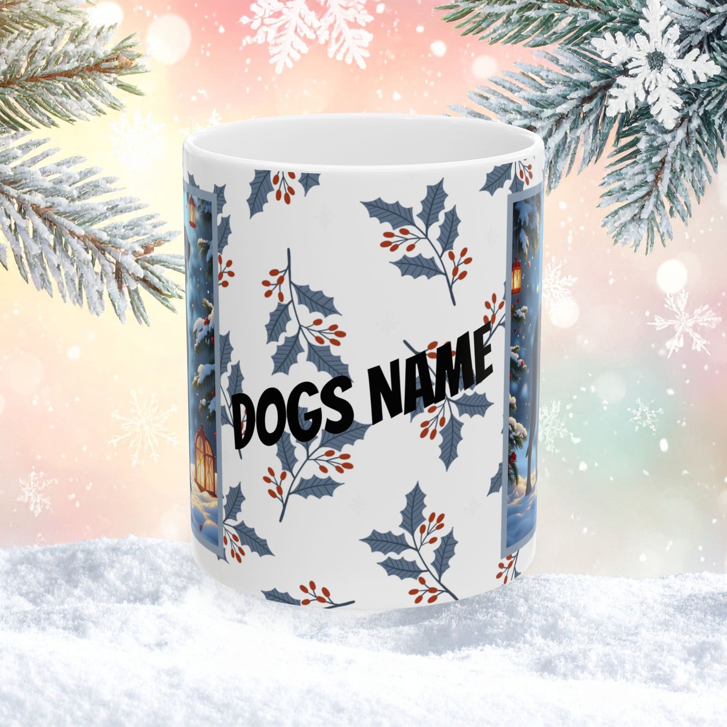 Great Dane (Blue) Winter Mug - blue Great Dane artwork standing calmly in a cozy winter scene with pine accents