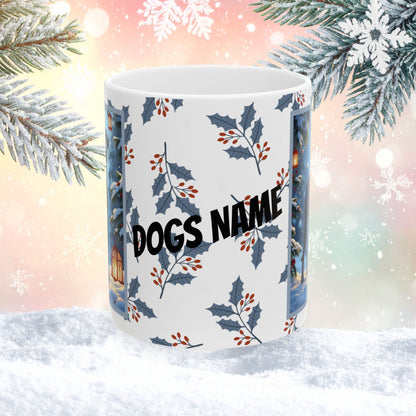 Great Dane (Blue) Winter Mug - blue Great Dane artwork standing calmly in a cozy winter scene with pine accents