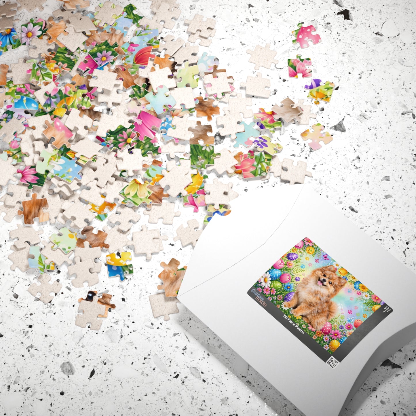 Pomeranian (Orange Merle) Easter Puppy Puzzle - Spring Garden with Eggs, Tulips, and Daisies
