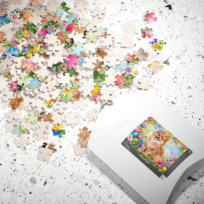 Pomeranian (Orange Merle) Easter Puppy Puzzle - Spring Garden with Eggs, Tulips, and Daisies