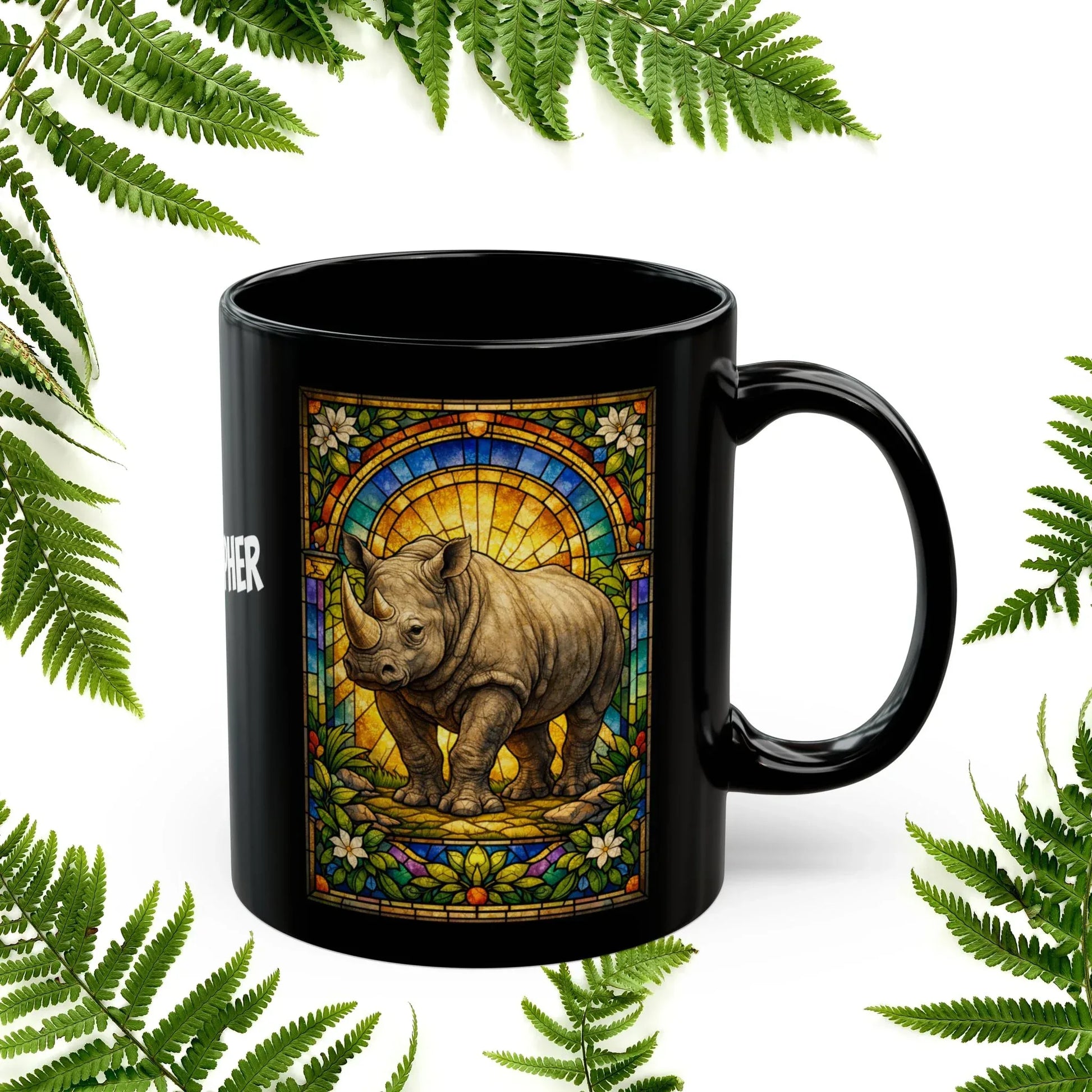 Shop our premium rhino stained glass style black mug from MySisterIsASurvivor.