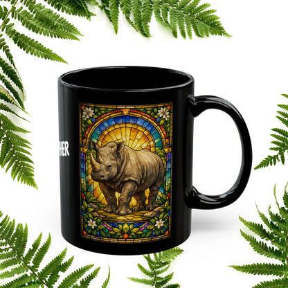 Shop our premium rhino stained glass style black mug from MySisterIsASurvivor.
