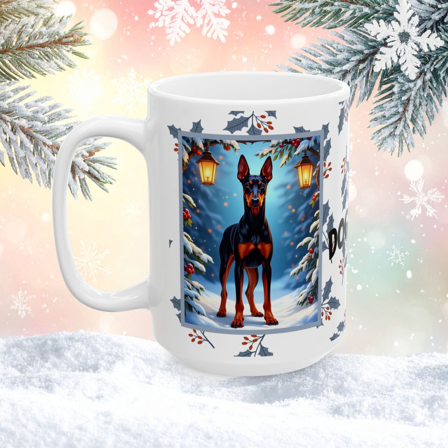 Doberman (Black & Rust) Winter Mug - black and rust Doberman illustrated standing proudly in a snowy winter scene with pine branches