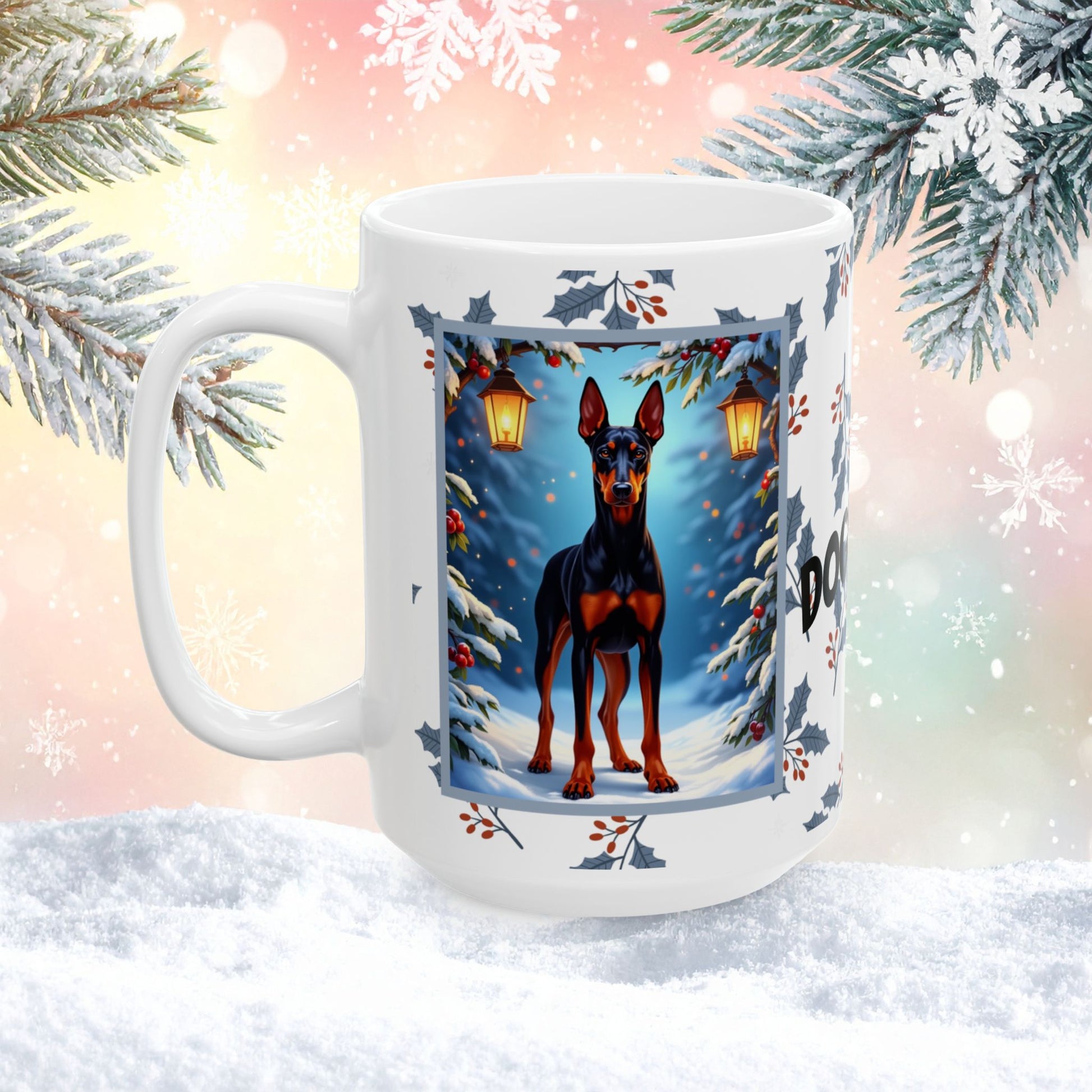 Doberman (Black & Rust) Winter Mug - black and rust Doberman illustrated standing proudly in a snowy winter scene with pine branches