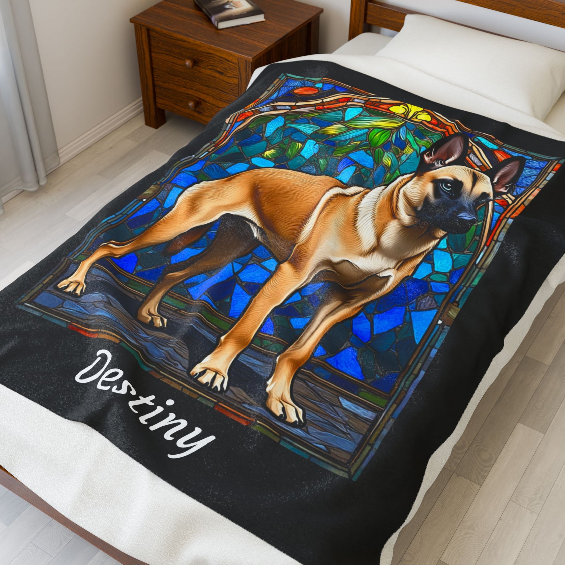 Belgian Malinois cream sable velveteen blanket, custom dog throw, personalized stained glass gift - MySisterIsASurvivor