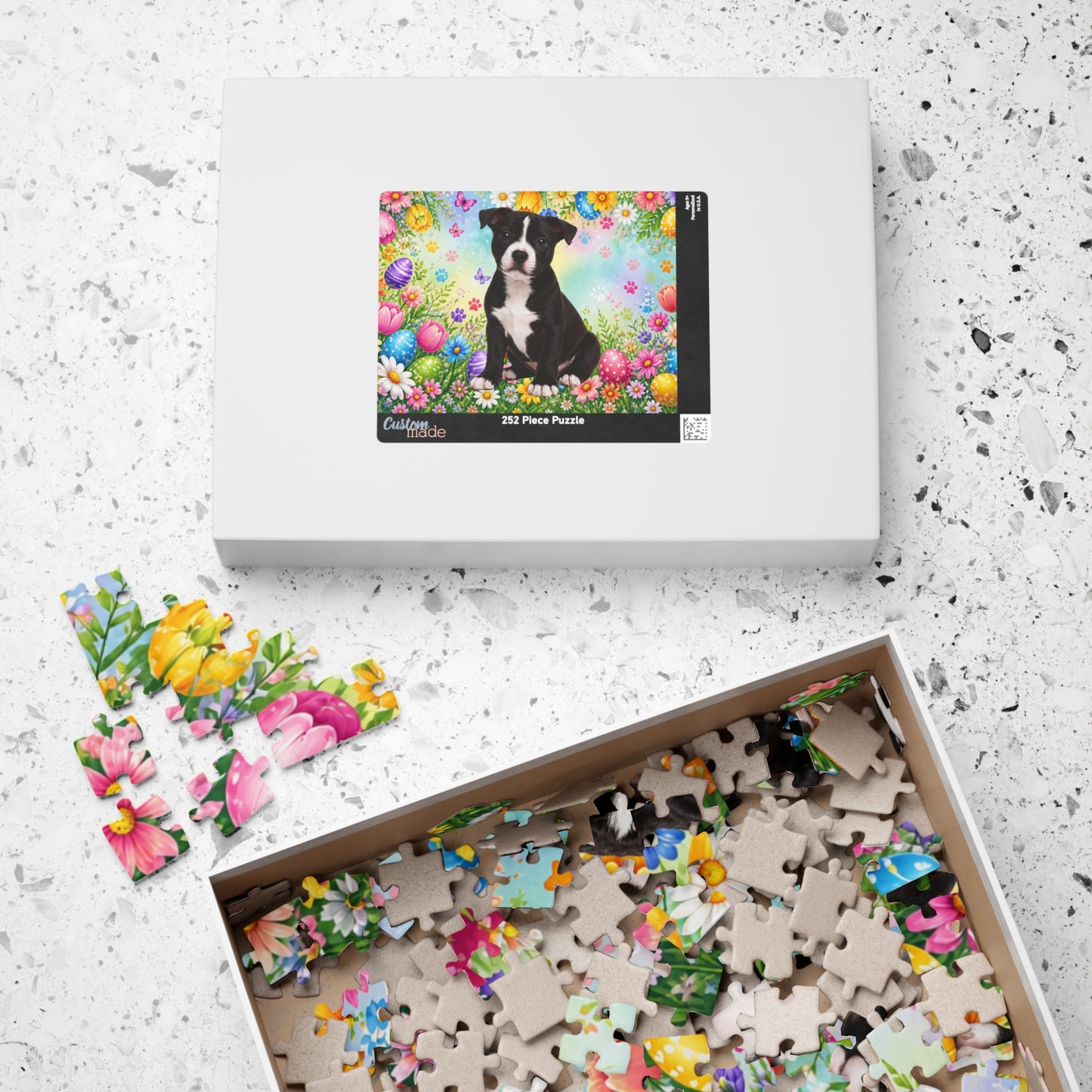 Pitbull (Black & White) Easter Puppy Puzzle - Spring Garden with Eggs, Tulips, and Daisies