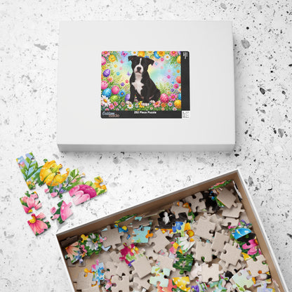 Pitbull (Black & White) Easter Puppy Puzzle - Spring Garden with Eggs, Tulips, and Daisies