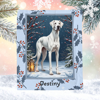 Great Dane White custom winter blanket showing a gentle Great Dane in a crisp illustrated snowy lodge setting
