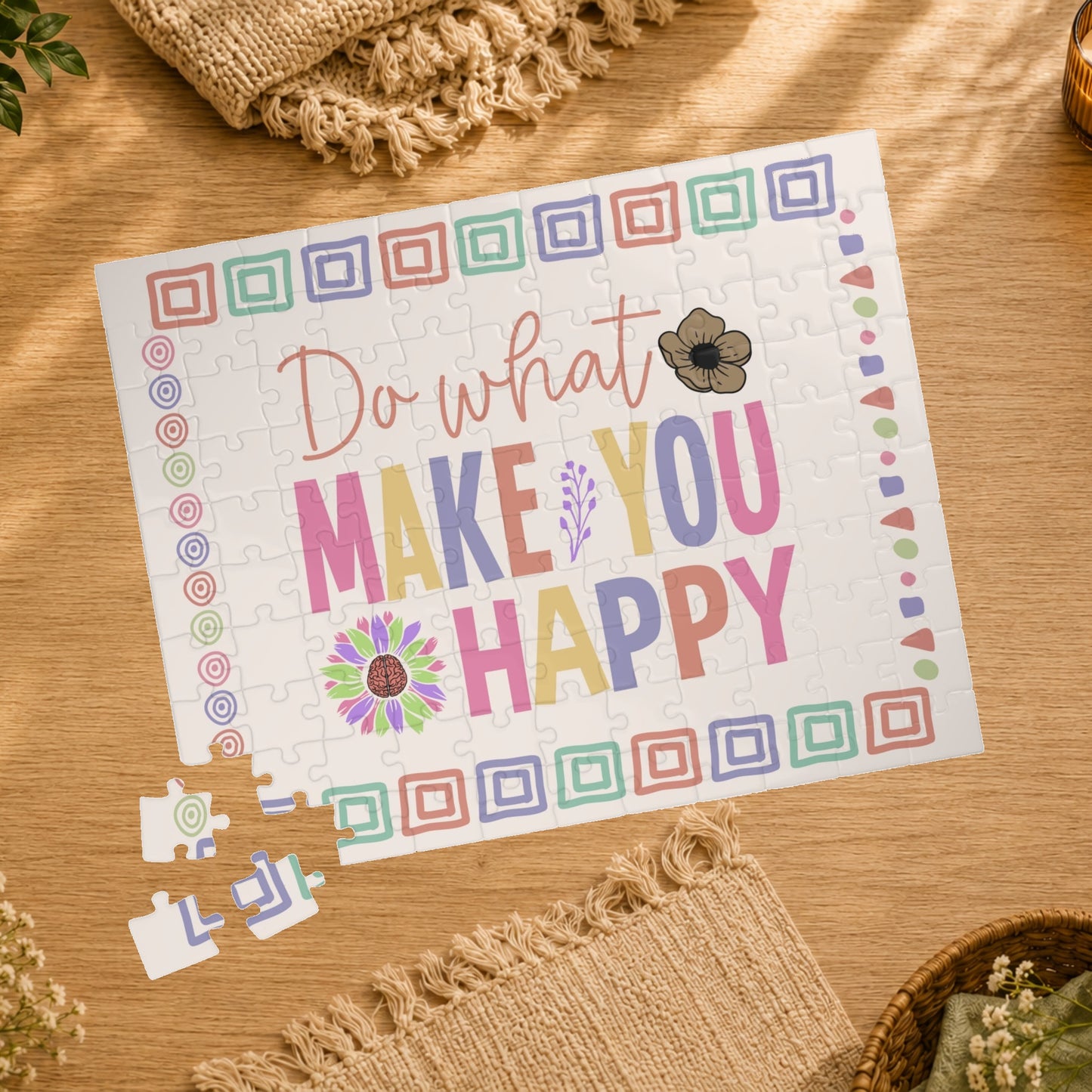 Jigsaw puzzle with 'Do what makes you happy' text and colorful design on a white background