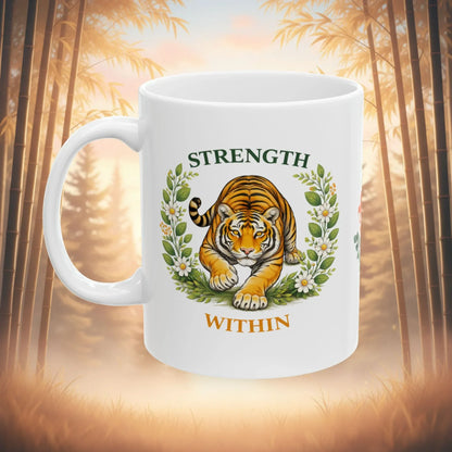 Shop our strength within tiger mug featuring the 15oz style option from MySisterIsASurvivor.