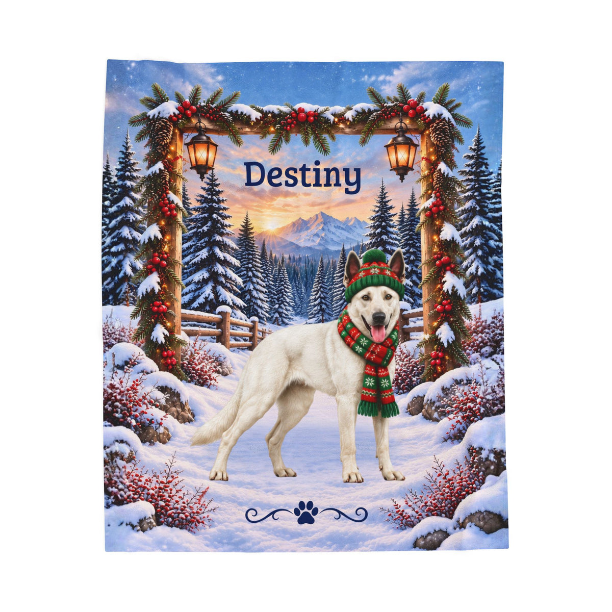 Belgian Malinois (White Coat) - Custom Pet Name Velveteen Blanket, Snowy Forest Gift for Mali Lovers