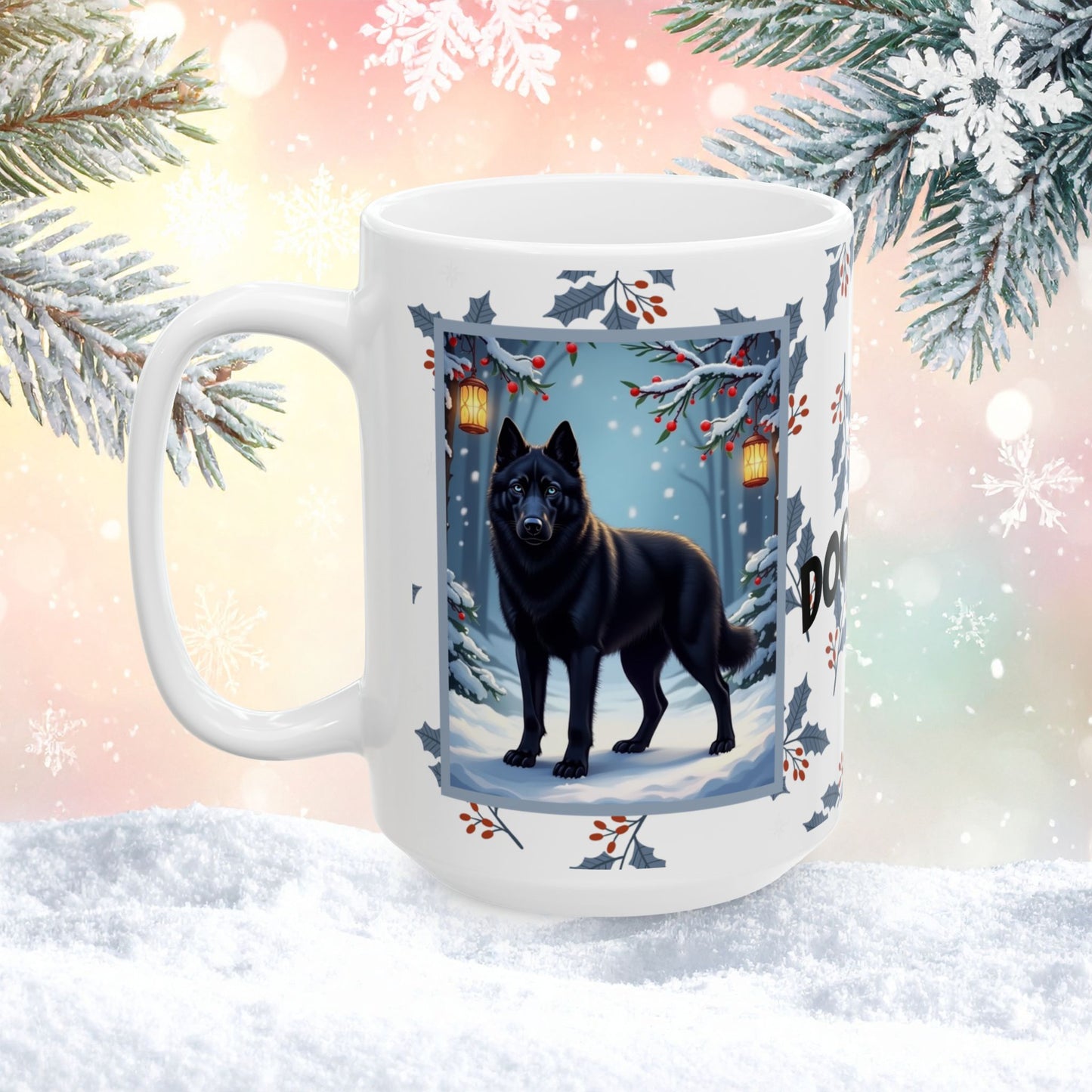 Husky (Black) Winter Mug - black husky illustrated standing calmly in a snowy winter scene with seasonal background