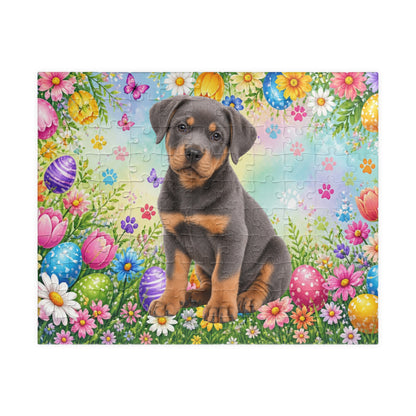 Rottweiler (Blue) Easter Puppy Puzzle - Spring Garden with Eggs, Tulips, and Butterflies